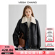 VEGA CHANG加絨短外套女2025年冬新款設(shè)計(jì)感翻領(lǐng)機(jī)車風(fēng)黑色絨大衣 布林黑 S