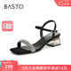 百思圖七夕禮物高光鞋夏商場(chǎng)新款氣質(zhì)閃鉆粗跟女一字帶銀色涼鞋TT109BL4 黑色4cm粗跟涼鞋 36