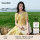 珂萊蒂爾 【度假風(fēng)】2025年夏季新款淑女茶歇裙女V領(lǐng)碎花收腰花苞袖連衣裙 淡黃色 XL