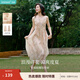 茵曼度假風(fēng)印花壓褶吊帶連衣裙2025夏季女裝新品溫柔浪漫收腰裙子 淺綠色 S