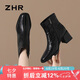 ZHR頭層牛皮短靴女復(fù)古粗跟靴子女側(cè)拉鏈褶皺時尚女靴 S506 黑色 36 
