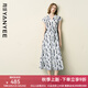 顏域V領(lǐng)收腰連衣裙女2025夏季新款寬松復古輕熟風(fēng)開(kāi)叉純棉長(cháng)裙子 灰花 2XL