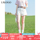 lagogo米白色翻邊牛仔褲短褲女拉谷谷2025年夏季新款純棉顯高褲子 米白色 L