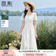 香影方領天絲連衣裙女2025夏季新款中長度假風刺繡法式高腰小白裙 米白 M 160/84A/95-110斤