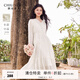 秋水伊人氣質(zhì)百搭連衣裙2025年春秋新款女時(shí)尚通勤V領(lǐng)綁帶A字裙子 米白 M