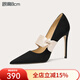 Lily Wei【初醒】黑色赫本風(fēng)高跟鞋細跟尖頭單鞋大碼氣質(zhì)溫柔女鞋 黑色【跟高8cm】 37