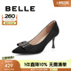 百麗（Belle）七夕禮物尖頭細跟高跟鞋女牛皮革氣質(zhì)通勤單鞋A3T1DCQ4 黑色 36 (230mm)