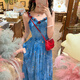 瑜尚臻品 法式旅游度假風(fēng)藍色吊帶連衣裙子女夏季新款絕美收腰碎花長(cháng)裙 藍色【打攬+肩帶可調】 S
