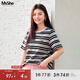 MsShe【全棉】大碼女裝2025夏裝胖mm彩色條紋提花正肩短袖T恤上衣 黑色現貨 3XL