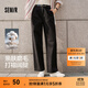 森馬（Semir）休閑褲女純棉打褶闊腿褲腰帶鹽系通勤秋季復古磨毛長(cháng)褲顯腿長(cháng) 黑色90001 M