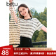 百圖betu女裝夏季新款T恤撞色圓領(lǐng)條紋提花透氣寬松短袖女2407T21 黑白條 M