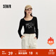 森馬（Semir）【甜心女高】長袖t恤女短款緊身蕾絲花邊上衣24新款甜美印花外穿 黑色90001 M