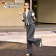 啄木鳥(niǎo)高級感時(shí)尚套裝女2025春季新款氣質(zhì)蕾絲拼接西裝外套闊腿褲兩件套 灰色 M