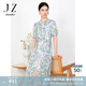 玖姿·安娜蔻醋酸印花短袖連衣裙女夏優(yōu)雅收腰開衩裙子綠色 花紋綠 L