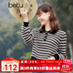 百圖betu女裝春季新款毛針織衫條紋流蘇短款長(cháng)袖毛衫女2401T12 黑色 M