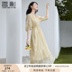 香影通勤黃色連衣裙女2025夏秋新款簡單大方氣質(zhì)泡泡袖印花中長裙 黃花 S 155/80A/85-95斤