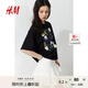 H&M女裝T恤2025秋季新款寬松印花美式圓領(lǐng)圖案落肩中袖上衣1287801 黑色/花卉 S 160/88