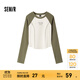 森馬（Semir）長袖T恤女短款緊身撞色插肩袖明線顯瘦冬季印花圓領(lǐng)上衣復(fù)古 白綠色調(diào)00314 M