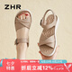ZHR頭層牛皮厚底涼鞋女夏透氣露趾舒適皮鞋軟底一字帶女鞋EQ05杏色37