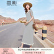 香影條紋針織連衣裙女2025夏裝新款復(fù)古法式短袖休閑顯瘦流蘇長(zhǎng)裙 米色 S