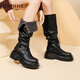 達芙妮長(cháng)筒靴女棕色2025西部靴廢土風(fēng)堆堆靴兩穿騎士靴子 黑色 37