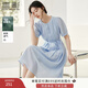 香影藍色天絲連衣裙女2025夏季新款萊賽爾收腰系帶圓領泡泡袖裙子 藍色 XL 170/92A/125-140斤