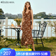 Olrain歐芮兒吊帶碎花連衣裙夏季女裝浪漫優(yōu)雅長裙子度假沙灘裙 水仙咖 L