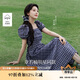 茵曼章若楠同款|法式格紋連衣裙夏季女裝百搭泡泡袖a字裙子 藏青  S