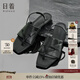 日著(zhù)設計師原創(chuàng  )女裝2024夏季新款魚(yú)嘴型不規則纖繩打孔牛皮涼鞋子 俠黑 37