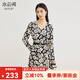 水云間黑色印花收腰連衣裙女裝新款2025春秋氣質(zhì)茶歇雪紡輕奢V領(lǐng)A字裙 黑花 M