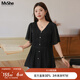 MsShe【高級感雪紡衫】大碼女裝2025夏裝胖mm法式小衫短袖V領(lǐng)上衣 黑色現貨 3XL