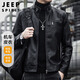 JEEP SPIRIT吉普皮衣男秋季寬松外套男士立領(lǐng)痞帥機車(chē)皮夾克男裝 黑色 4XL
