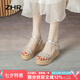 ZHR坡跟涼鞋女夏真牛皮厚底女鞋時尚細(xì)帶水鉆高跟鞋子女 AY92 銀色36