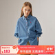ELLE KIDS女童襯衣秋外穿寬松水洗牛仔刺繡休閑百搭翻領(lǐng)長(cháng)袖襯衫上衣
