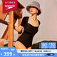 速比濤（Speedo）泳衣女小黑裙系列禮服前胸設計性感露背溫泉短袖連體泳衣 黑色 36