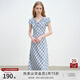 自巧小個(gè)子藍色斜裁格子連衣裙女2025夏季新款法式短袖中長(cháng)裙子 藍白格 M （4碼）