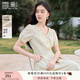 香影v領(lǐng)連衣裙女2025夏裝新款收腰a字裙超好看顯瘦花邊泡泡袖裙子 灰綠 L 165/88A/110-125斤