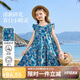 ASK JUNIOR兒童純棉裙子夏女大童飛袖連衣裙青少年碎花裙荷葉邊 藍色  170 