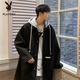 花花公子（PLAYBOY）春秋加厚毛呢大衣男款寬松假兩件連帽呢子外套男生潮牌風(fēng)衣中長(cháng)款 黑色 S