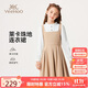 英氏（YEEHOO）女童連衣裙兒童裙子中大童裝長(cháng)裙假兩件淑女學(xué)院洋裝秋 卡其 165