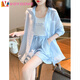 VOYDOVE夏裝搭配一整套防曬衣襯衫套裝女2025新款休閑襯衣吊帶短褲三件套 藍色【z】 S 【建議80-95斤】