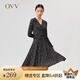 OVV2022春夏新款女裝彈力針織面料印花V領(lǐng)優(yōu)雅收腰長(zhǎng)袖連衣裙 黑色花紋01 XS