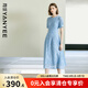 顏域鏤空蕾絲連衣裙女2025夏季新款輕熟風(fēng)高腰收腰修身過膝短袖裙 淺藍(lán) L