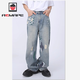 AEMAPE美國蘋(píng)果顯瘦牛仔褲破洞設計感寬松直筒拖地闊腿男女涂鴉牛仔褲男 藍色 常規 M