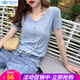 歐貝汐短款t恤女v領(lǐng)短袖寬松白色夏秋季純色韓版學(xué)生體恤高腰上衣 藍色 S