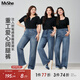 MsShe【重工燙鉆闊腿牛仔褲】大碼女裝2025秋裝胖mm高腰直筒長(cháng)褲 牛仔中藍色現貨 3XL