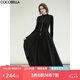COCOBELLA赫本風(fēng)禮服半高領(lǐng)連衣裙小黑裙褶皺肌理大擺長(cháng)裙FR0008 黑色 L