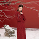 三彩大碼女裝2025冬季新款針織提花國風(fēng)旗袍領(lǐng)連衣裙紅色新年胖MM