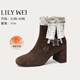 Lily Wei【偷個(gè)月亮】甜美文藝粗跟短靴學(xué)院風(fēng)舒適百搭時(shí)裝靴大碼 深棕色【跟高7cm】 單層 36