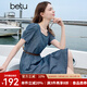 百圖betu女裝2025夏季新款短袖連衣裙泡泡袖撞色皮腰帶牛仔裙2505T76 深牛仔藍(lán) M